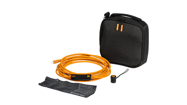 Starter Tethering Kit, Optima 10G USB-C, 15 ft (4.6m) Straight to Straight, TetherGuard, TechManager Bag, Cable Ties, High-Visibility Orange